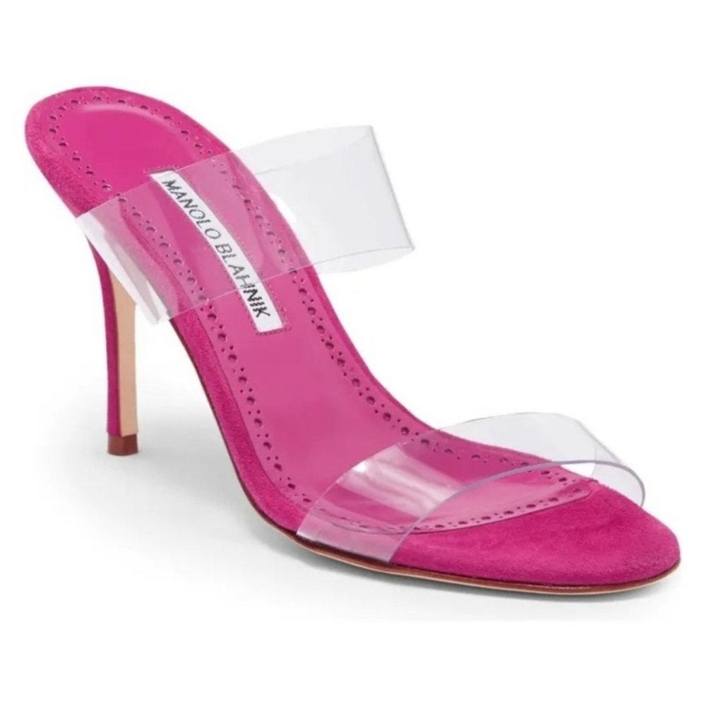 MANOLO BLAHNIK Scolto PVC Strap Sandals in Pink Suede 37
